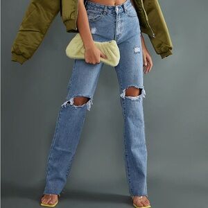 PRETTYLITTLETHING Tall Mid Blue Wash Ripped High Waisted Long Leg Straight Jeans